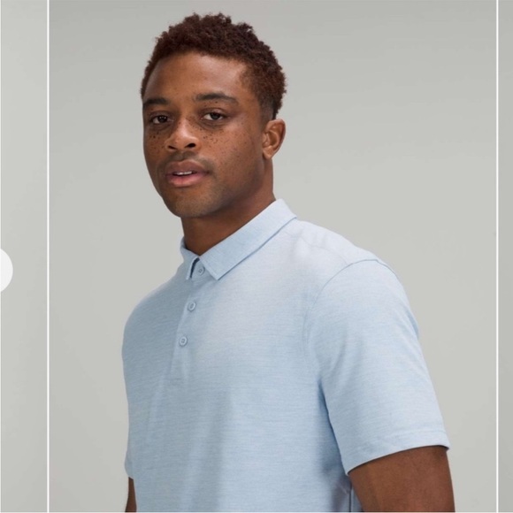 Lululemon Mens Evolution Short Sleeve Polo Shirt Pique Heathered Blue Linen - Picture 12 of 13